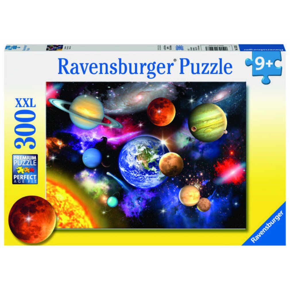 Pz. Solar System 300T xxl. Scatola puzzle con motivo planetario. Marca: Ravensburger. 300 pezzi, formato XXL. Età: 9+.