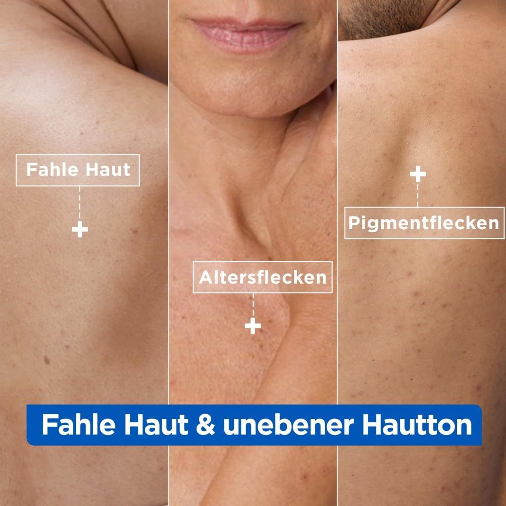 Tre sezioni di pelle con segni. Testo: Pelle spenta, macchie dell'età, macchie pigmentarie. Testo: Pelle spenta e tono non uniforme.