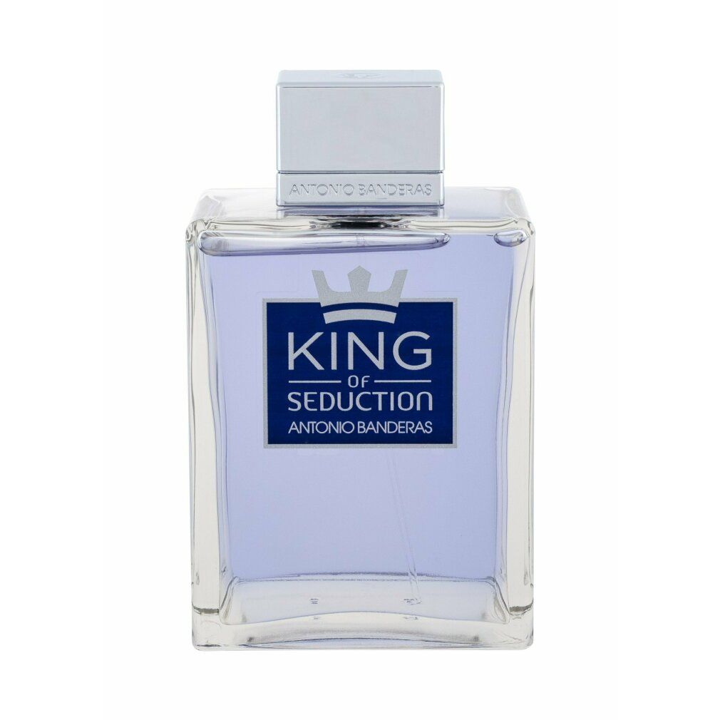 Flacone quadrato con scritta: King of Seduction, Antonio Banderas. Tappo argentato.