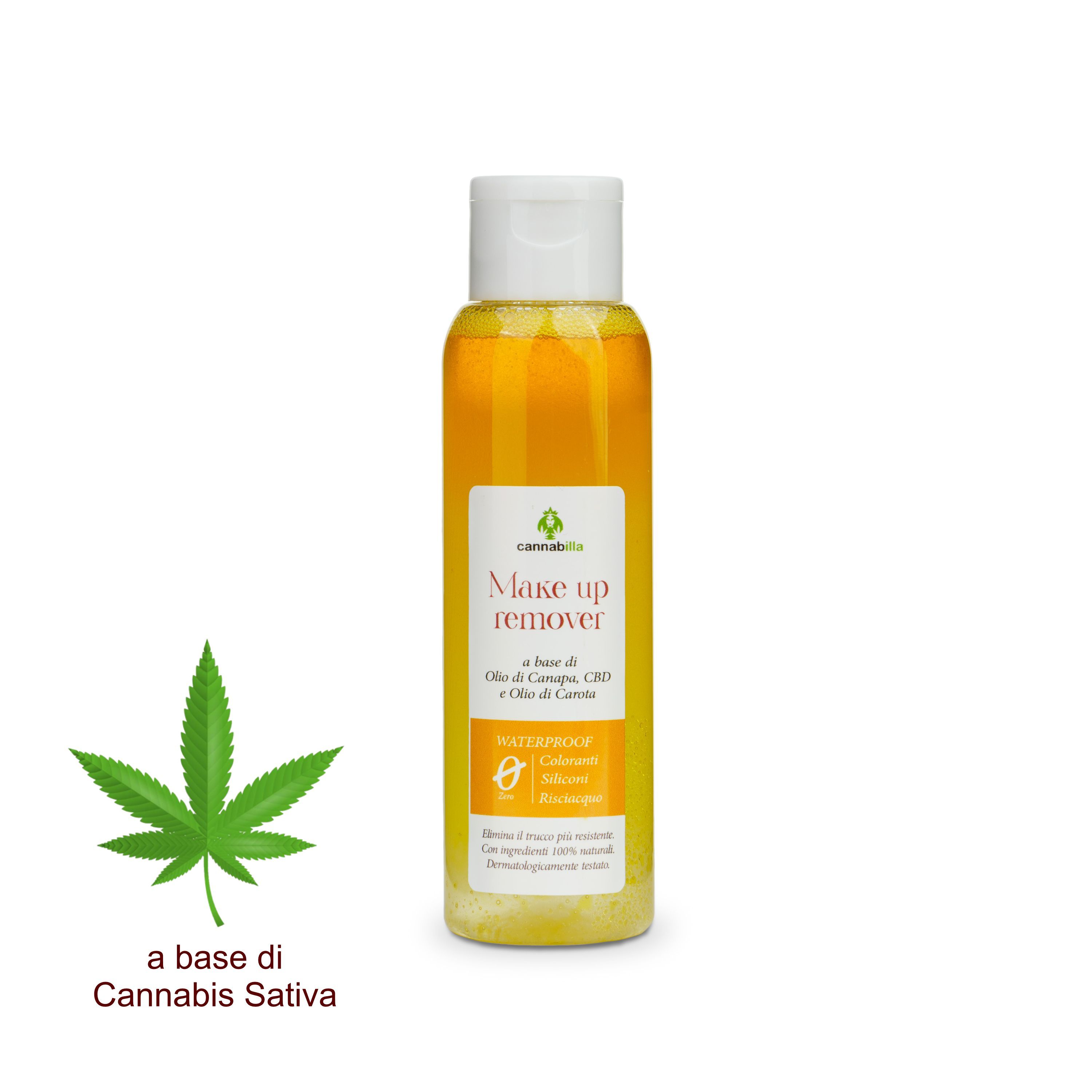 Flacone di struccante con liquido giallo. Scritta: Make up remover, a base di Olio di Canapa, CBD e Olio di Camelia. Con foglia di cannabis.