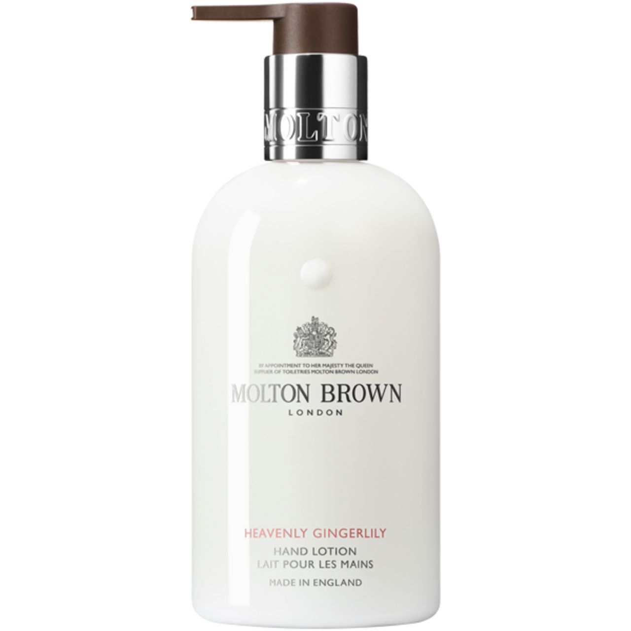 Flacone bianco con dosatore. Scritta: Molton Brown, Heavenly Gingerlily Handlotion. Made in England.