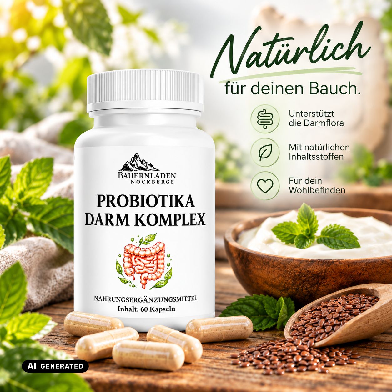 Flacone di Probiotika Darm Komplex accanto a yogurt e semi di lino. "Naturalmente per il tuo intestino" è scritto accanto.