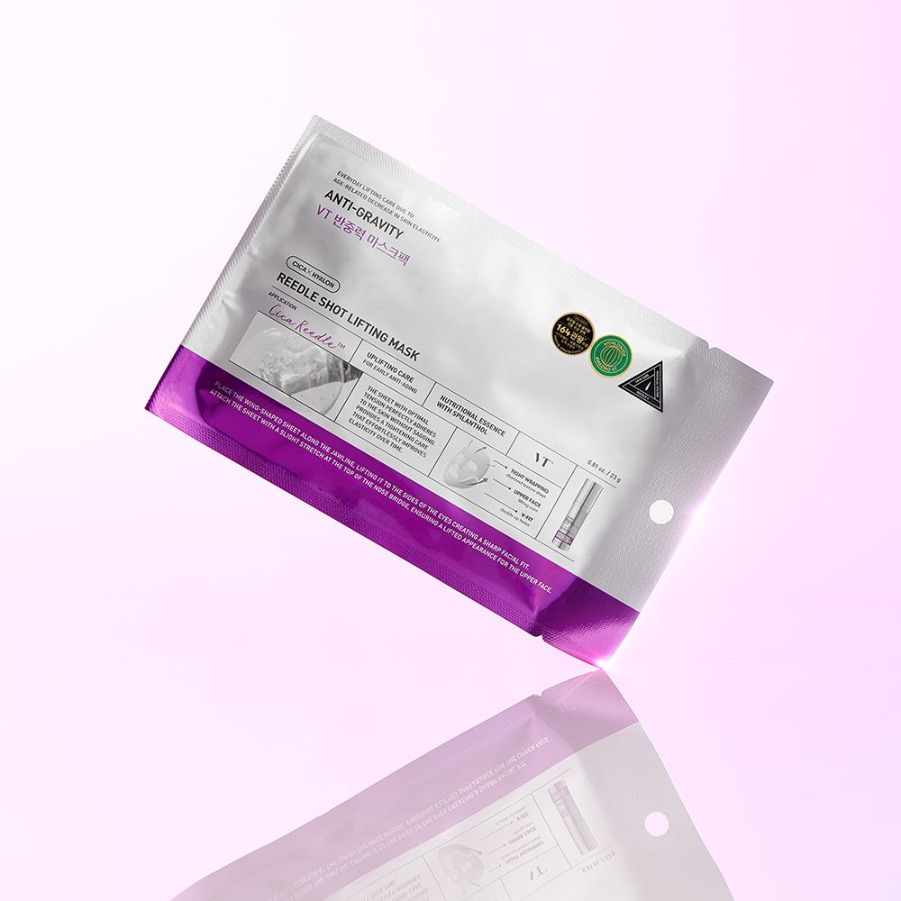 Confezione di maschera viso. Scritta: Anti-Gravity, Reedle Shot Lifting Mask, VT. Colori viola e bianco.