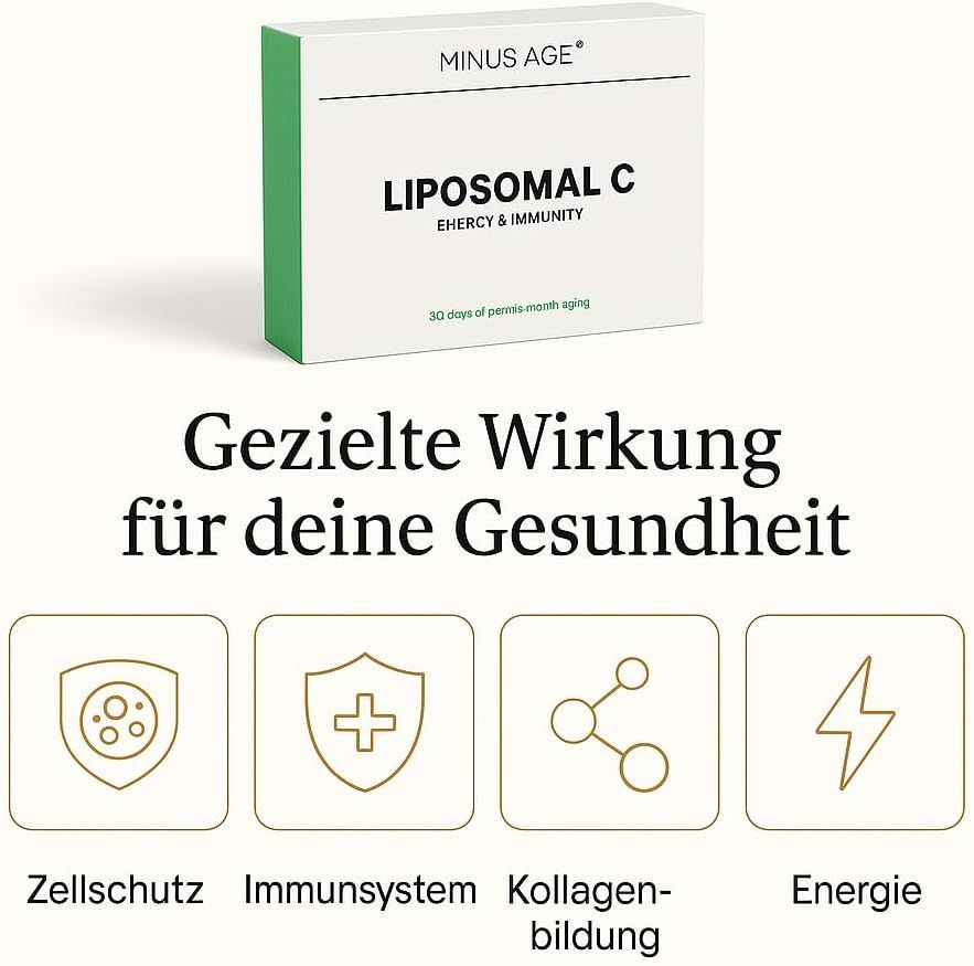 Scatola bianca con lato verde. Scritta: Minus Age Liposomal C, Energy & Immunity. Testo: Effetto mirato per la tua salute. Simboli: Protezione cellulare, sistema immunitario, formazione di collagene, energia.