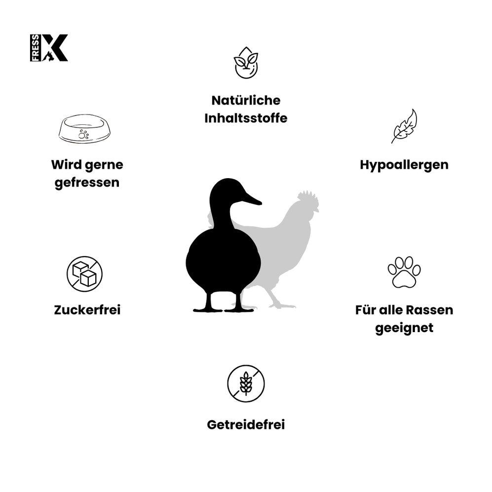 Rappresentazione circolare con icone. Silhouette di anatra e pollo. Testo: Ingredienti naturali, Ipoallergenico, Senza zucchero, Senza cereali, Adatto a tutte le razze.