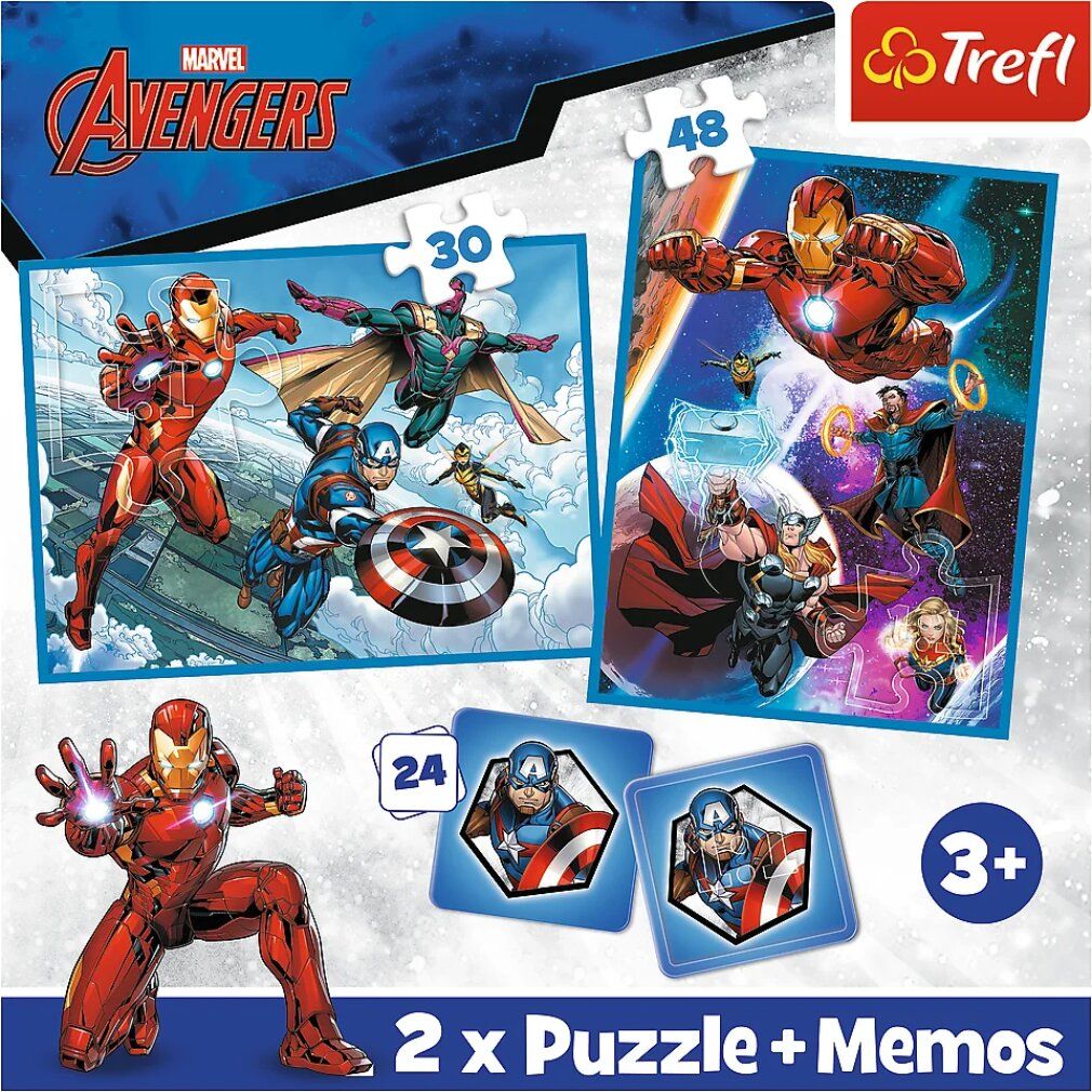 Gioco di memoria con personaggi Avengers. 12 carte quadrate con diversi eroi. Logo Marvel visibile.