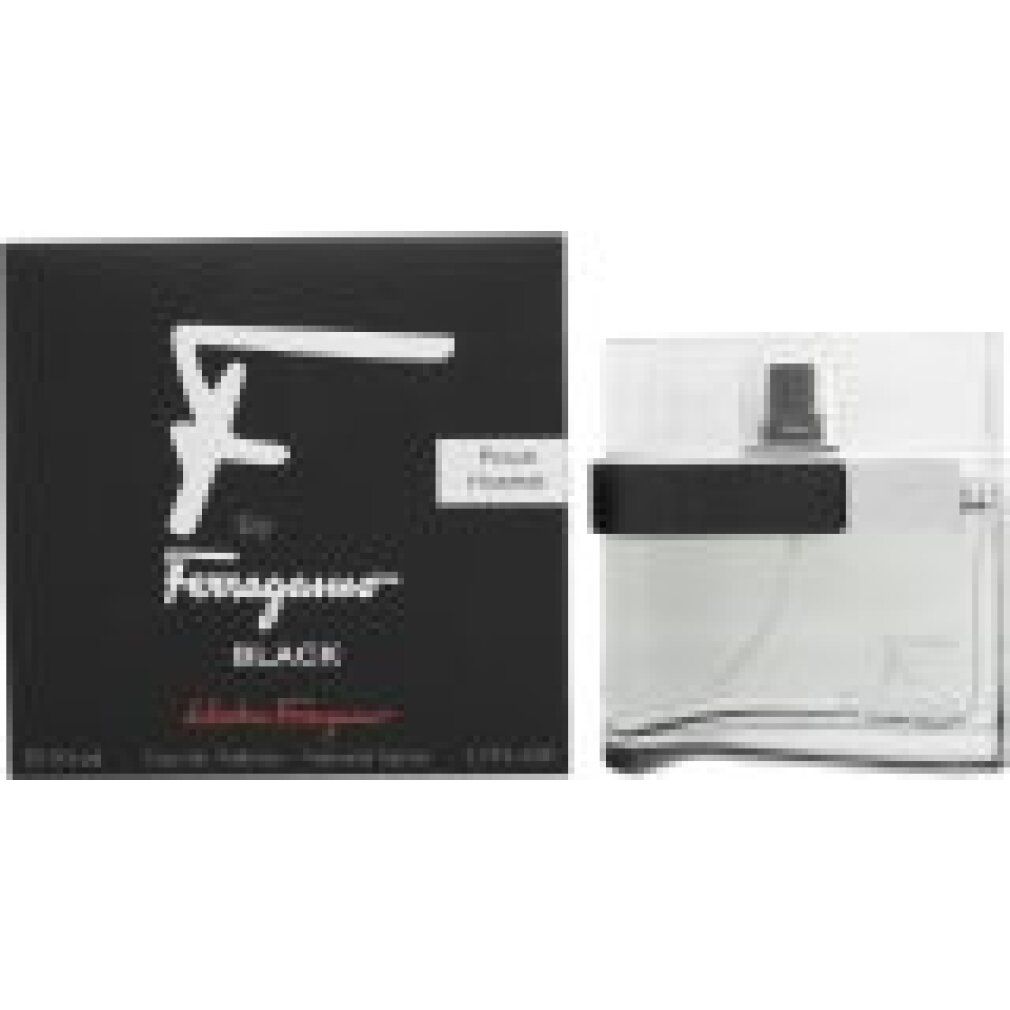 Scatola e flacone neri. Scritta: F by Ferragamo Black. Pour Homme. 50 ml.