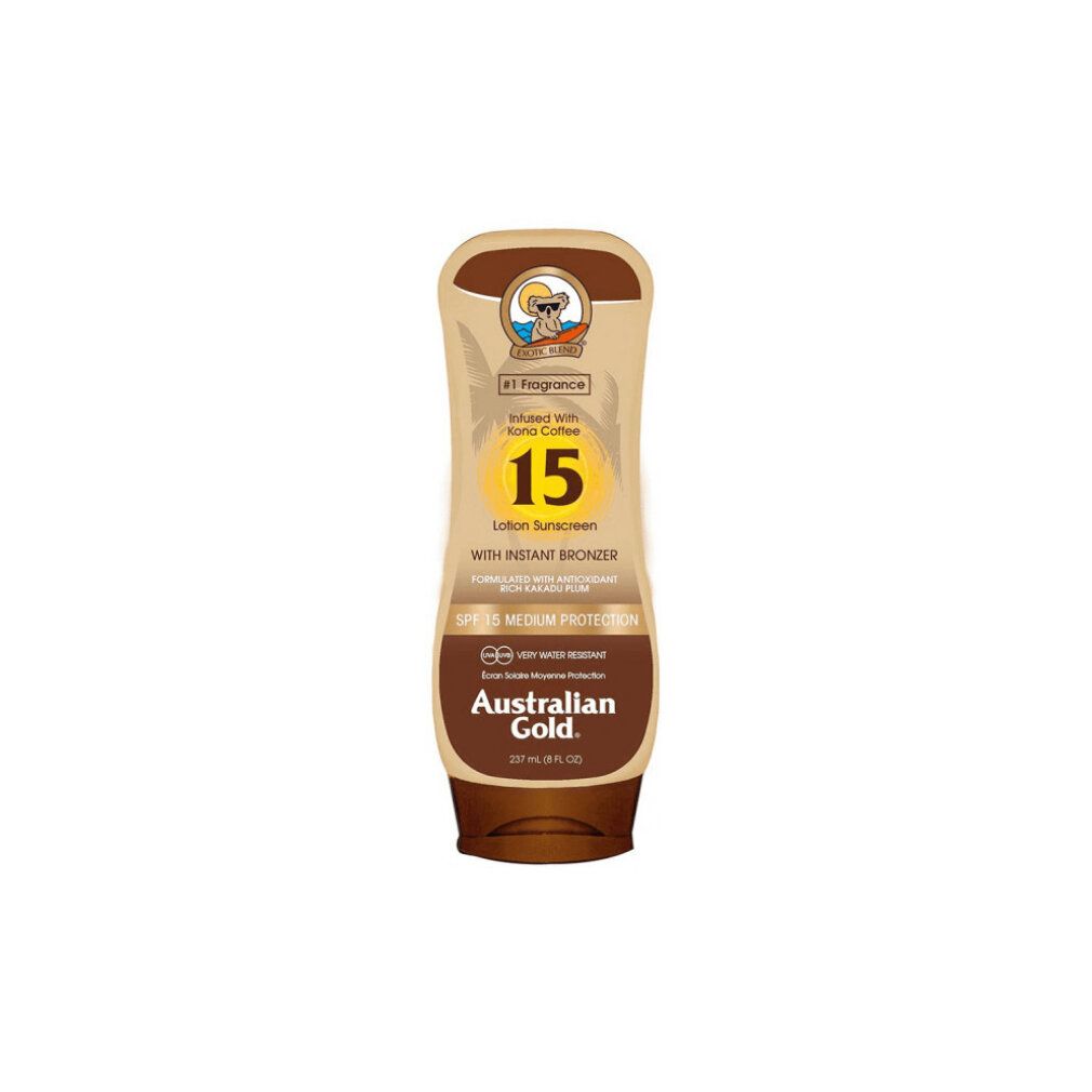 Flacone beige di crema solare. Scritta: Australian Gold SPF 15. Con bronzer istantaneo. 237 ml.