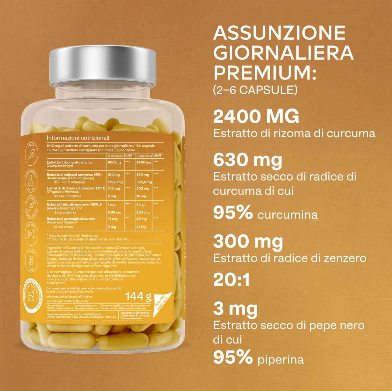 Retro del flacone di capsule. Informazioni nutrizionali. Scritta: curcuma, zenzero, piperina. 144g. Contiene 180 capsule.