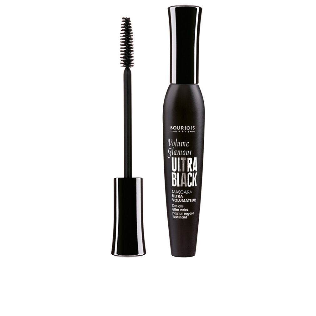 Tubo di mascara nero con spazzola. Scritta: Volume Glamour Ultra Black. Marchio: Bourjois.
