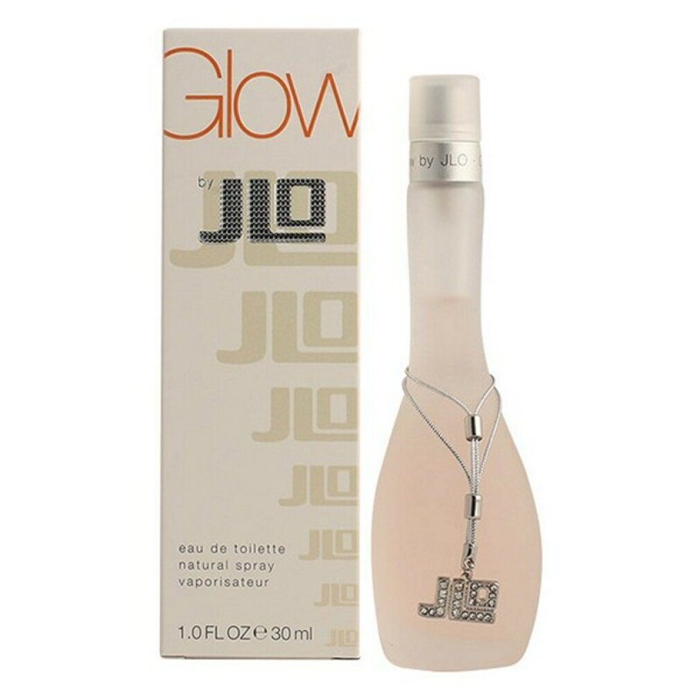 Flacone di profumo e scatola. La scatola indica "Glow" e "jLo". Il flacone è allungato con una catena.