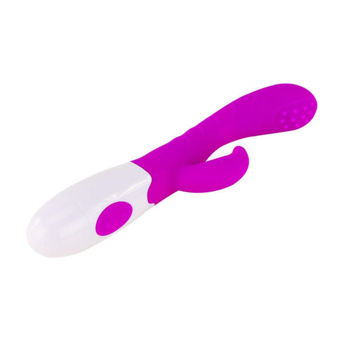 Vibratore lilla e bianco, forma curva, orecchie di coniglio. Pulsante sull'impugnatura. Testa con noduli.