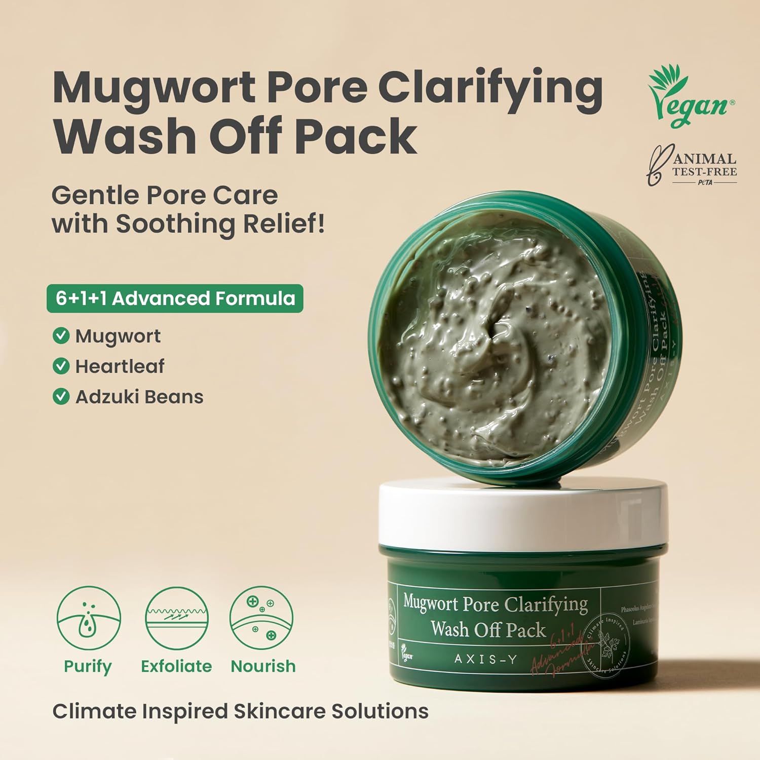 Due vasetti di maschera per il viso. Scritta: Mugwort Pore Clarifying Wash Off Pack. Sigilli vegani e cruelty-free.