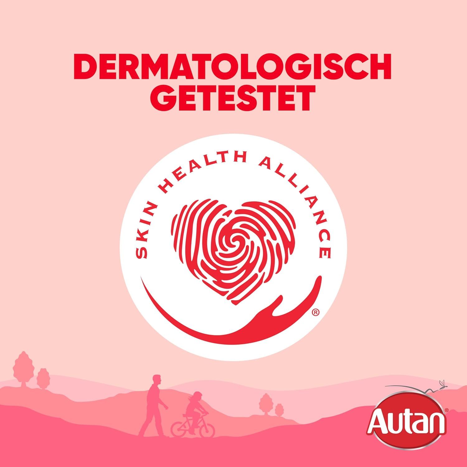 Dermatologicamente testato. Logo Skin Health Alliance. Logo Autan.