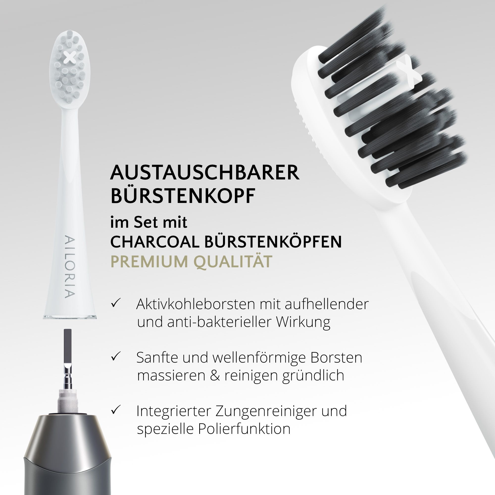 Primo piano di una testina sostituibile con setole al carbone attivo. Logo AILORIA. Testo: Qualità premium.