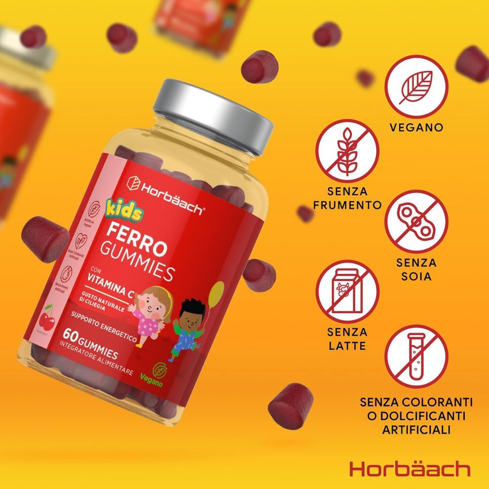 Barattolo di caramelle gommose "kids Ferro Gummies". Contiene 60 caramelle. Testo "Vitamin C".