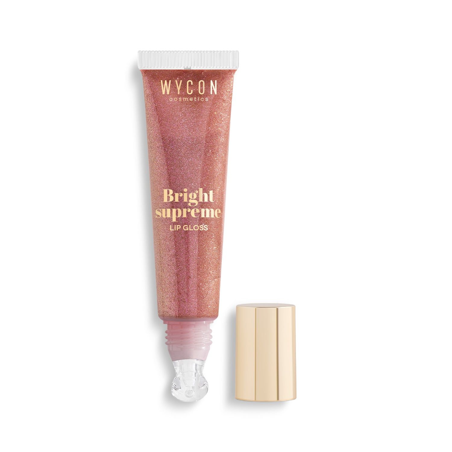 Tubo di lucidalabbra con tappo aperto. Scritta: WYCON cosmetics, Bright supreme LIP GLOSS.
