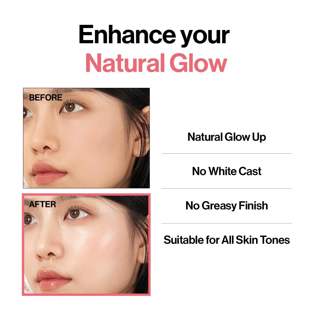 Confronto prima-dopo. Pelle con e senza d'Alba UV Essence Waterfull Tone-up Sunscreen. Testo: Natural Glow Up, No White Cast, No Greasy Finish.