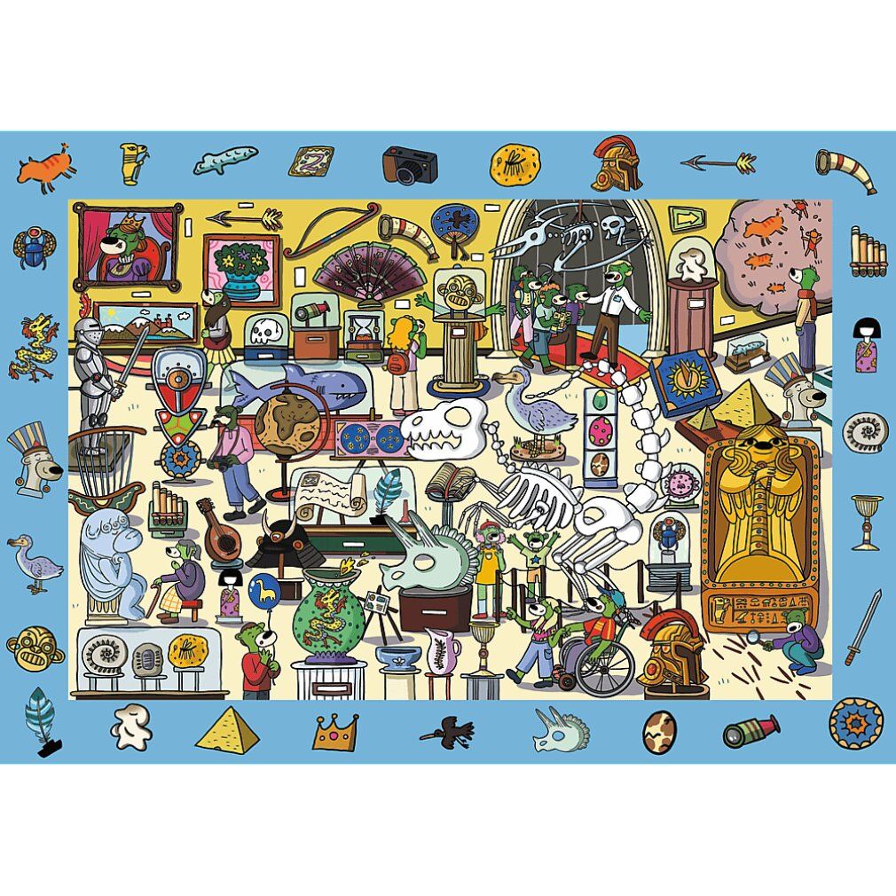 Puzzle assemblato con motivo Spy Guy. Illustrazione di un museo con personaggi e oggetti. Bordo blu con oggetti da trovare.