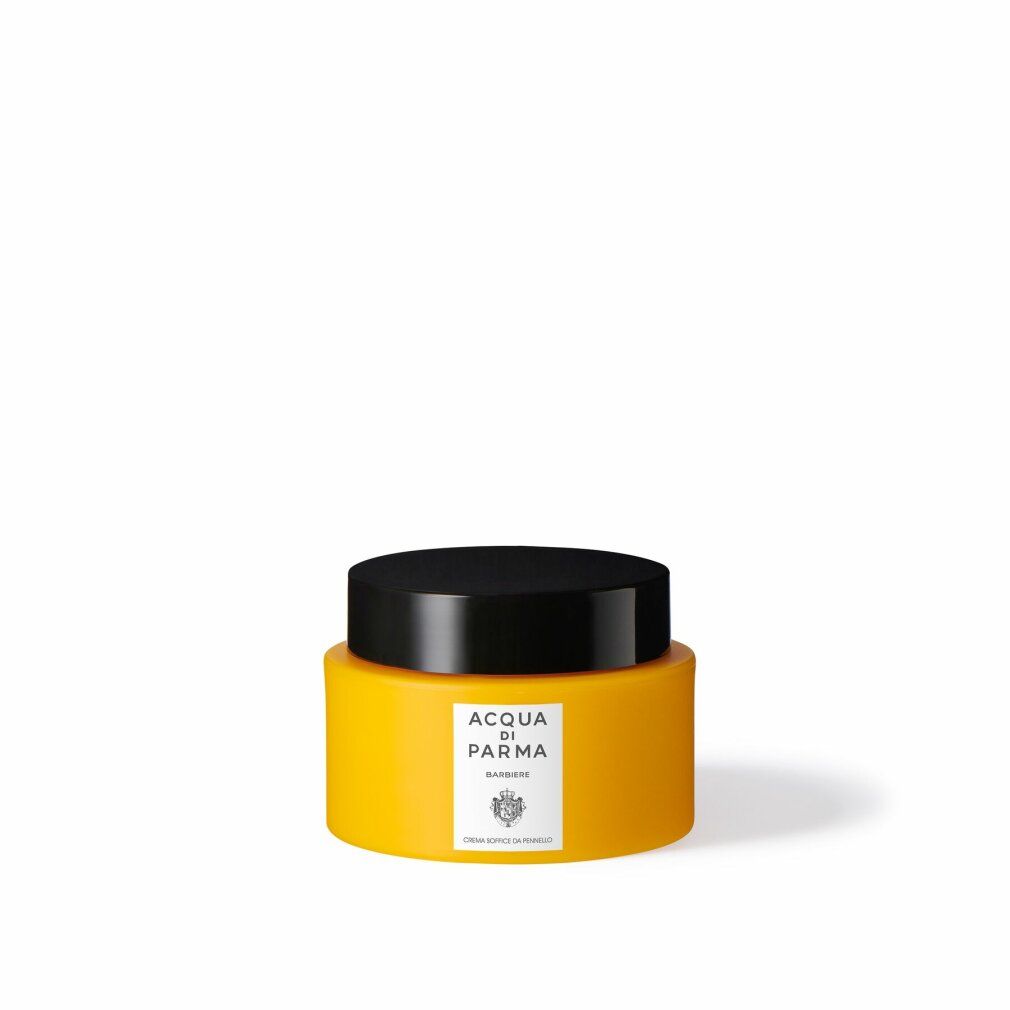 Barattolo giallo con coperchio nero. Etichetta "Acqua di Parma Barbiere" e stemma.