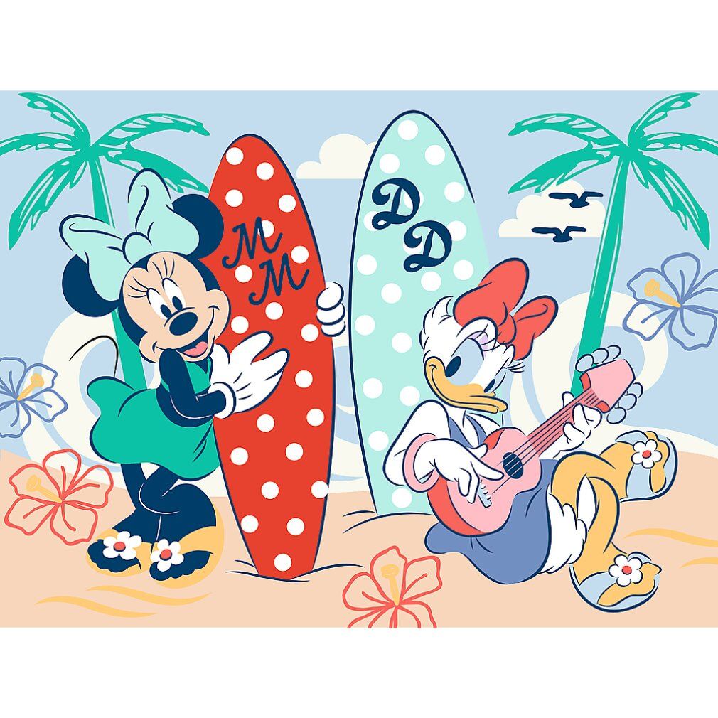 Puzzle di Minnie. Scena sulla spiaggia con Minnie e Paperina. Tavole da surf, palme e fiori. 30 pezzi.