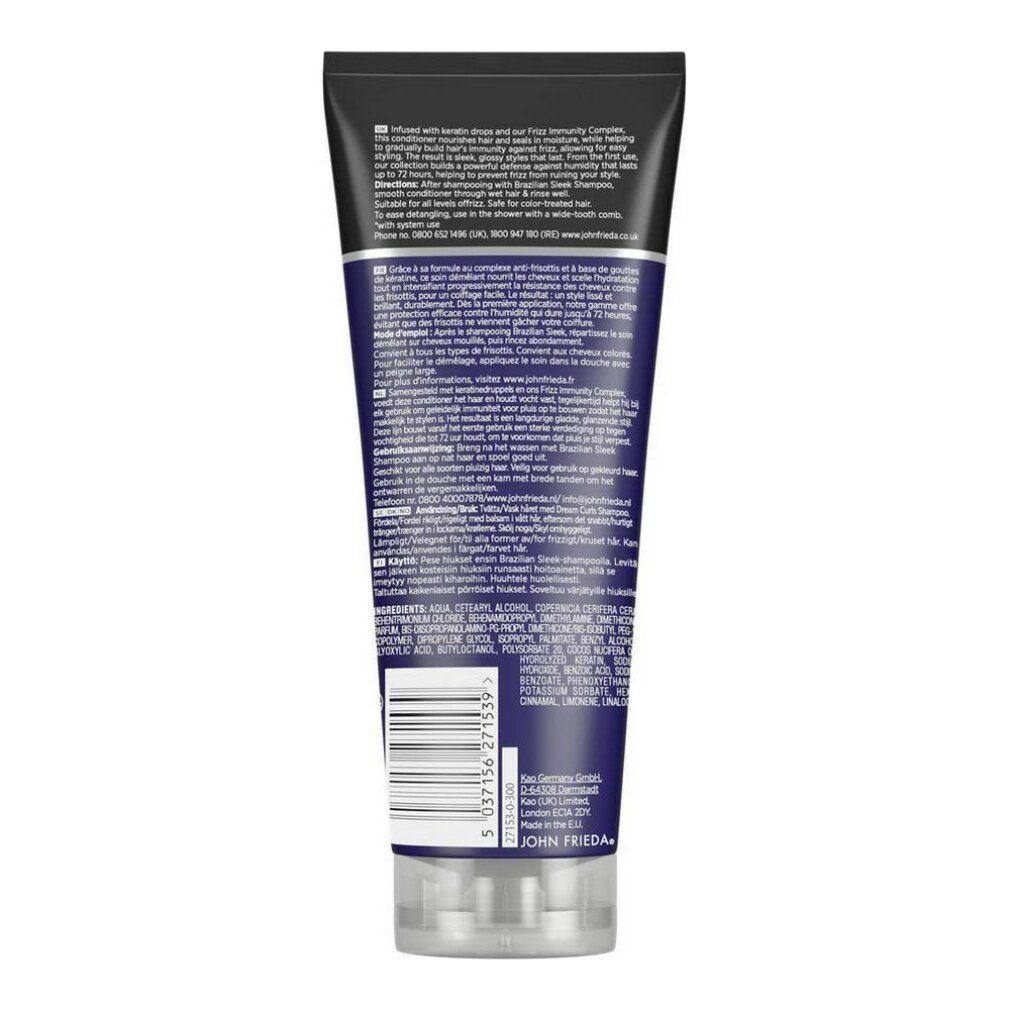 Retro del tubo di conditioner John Frieda Frizz-Ease Brazilian Sleek. Testo e ingredienti su sfondo blu. Codice a barre in basso.