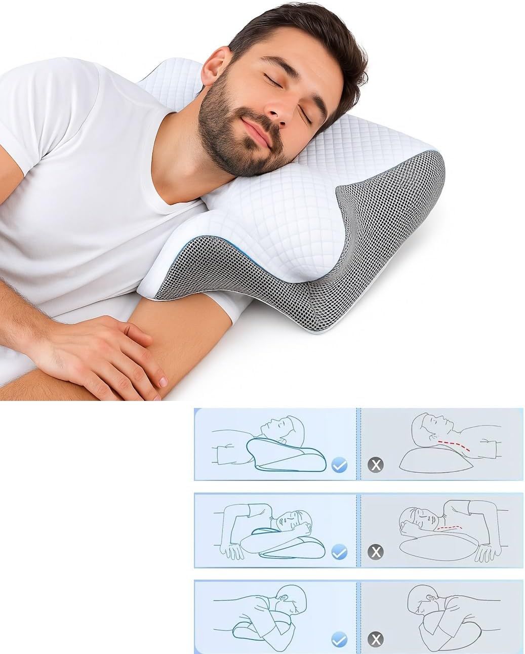 Uomo che dorme su un cuscino ergonomico bianco. Illustrazioni mostrano posizioni corrette e scorrette per dormire.