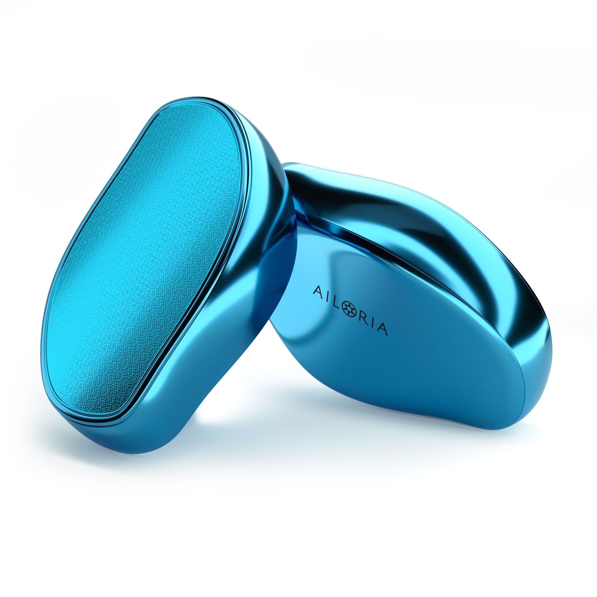 Due dispositivi blu ovali per la cura dei piedi. Logo AILORIA visibile su uno.