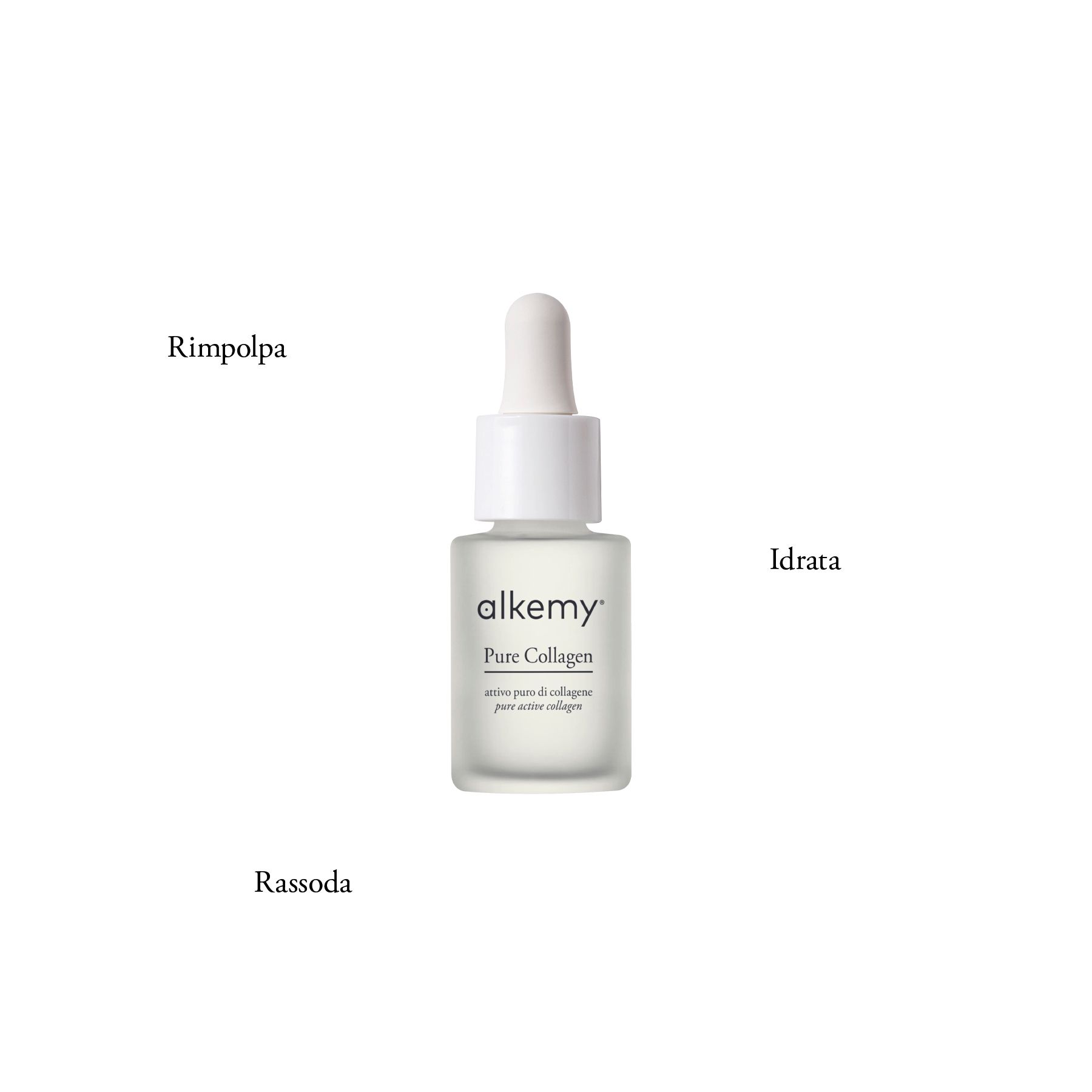 Una fiala di siero Alkemy Pure Collagen con testo che ne descrive le proprietà.