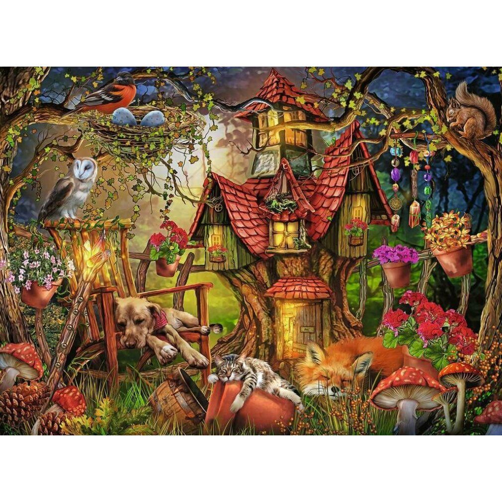 Puzzle con motivo della casa nel bosco e animali. Titolo illeggibile. Confezionato in scatola.
