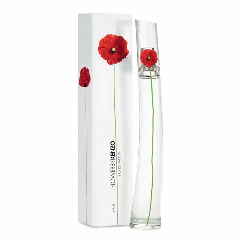 Flacone di profumo e confezione. Scritta: Flower by Kenzo Eau de Parfum. Papavero rosso su sfondo bianco.