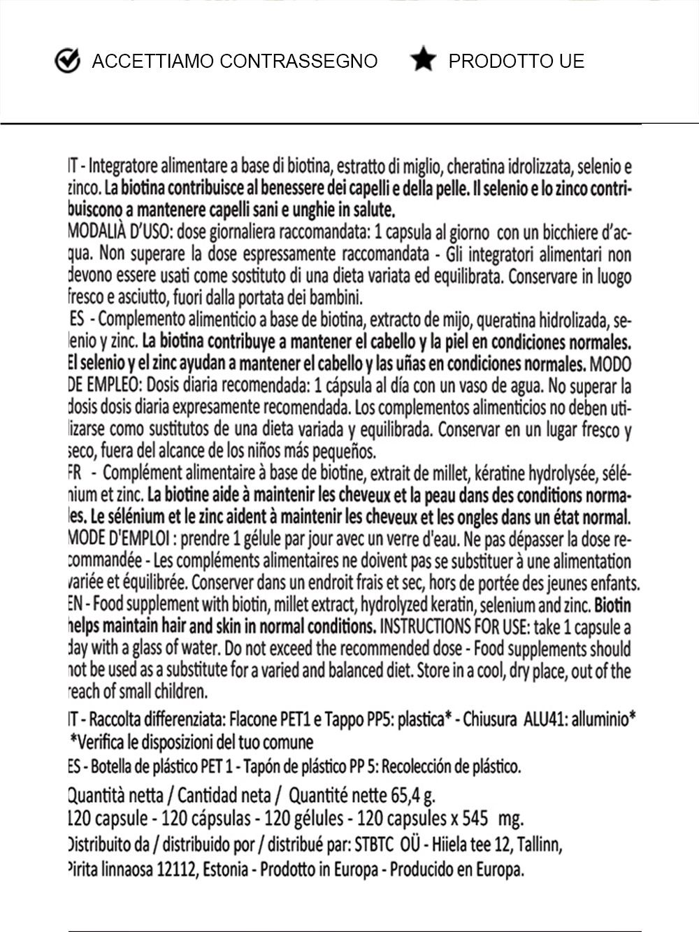 Istruzioni per l'uso e ingredienti. Testo multilingue. Flacone in plastica con tappo a vite. 120 capsule.