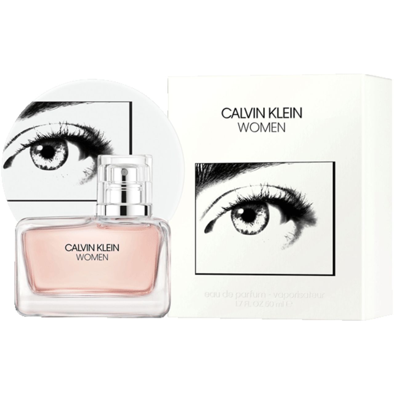 Flacone e scatola Calvin Klein Women. Liquido rosa. Vaporizzatore argento. Sfondo bianco con design occhio.
