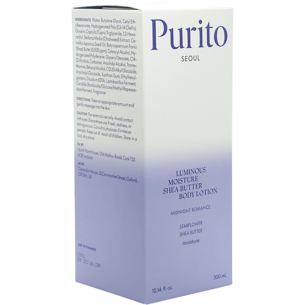 Confezione della lozione. Scritta: Purito Seoul, Luminous Moisture Shea Butter Body Lotion, Midnight Romance. Ingredienti e istruzioni per l'uso.