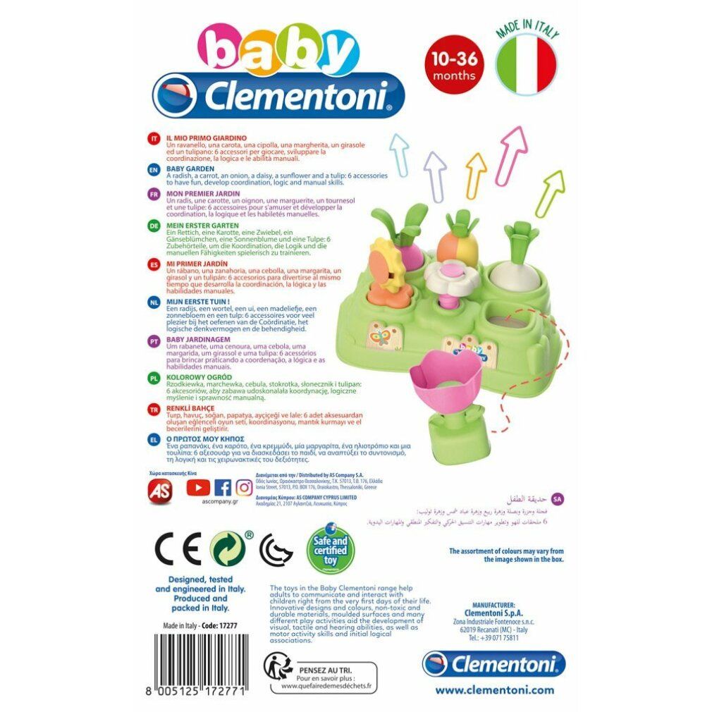 Retro della confezione. Giocattolo Baby Clementoni. Testo in più lingue. Certificazioni e loghi.