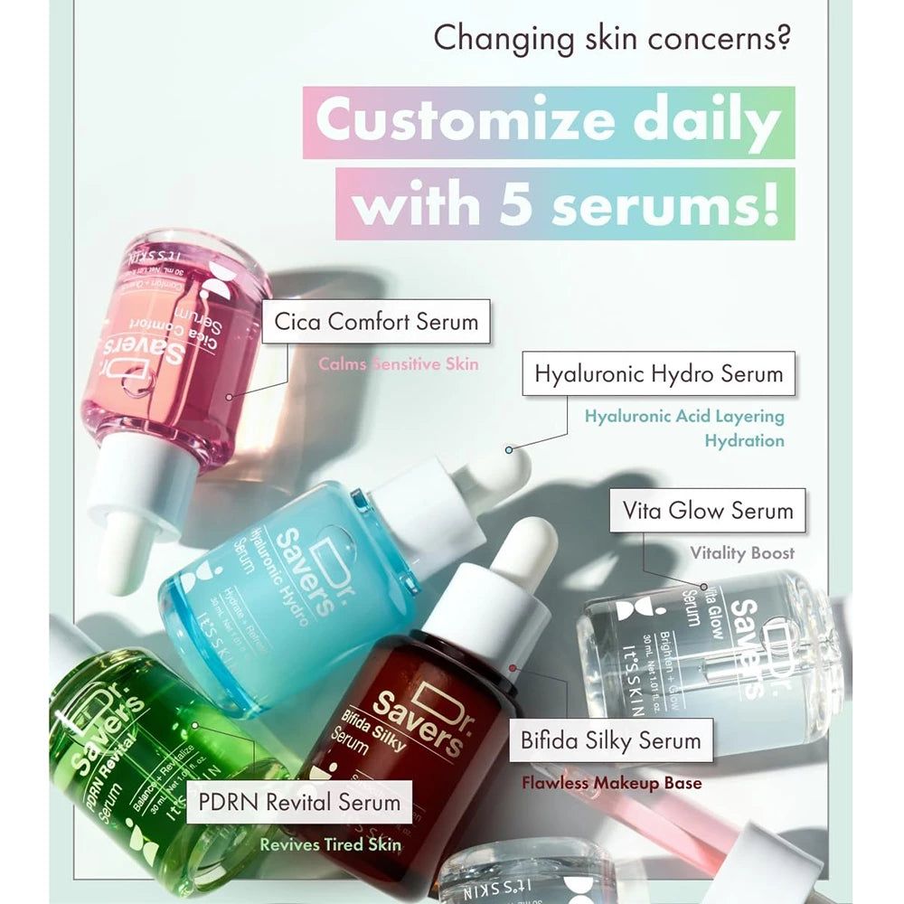Cinque flaconi di siero con contagocce. Scritta: Dr. Savers. Colori diversi. Testi: Cica Comfort, Hyaluronic Hydro, Vita Glow, PDRN Revital, Bifida Silky.