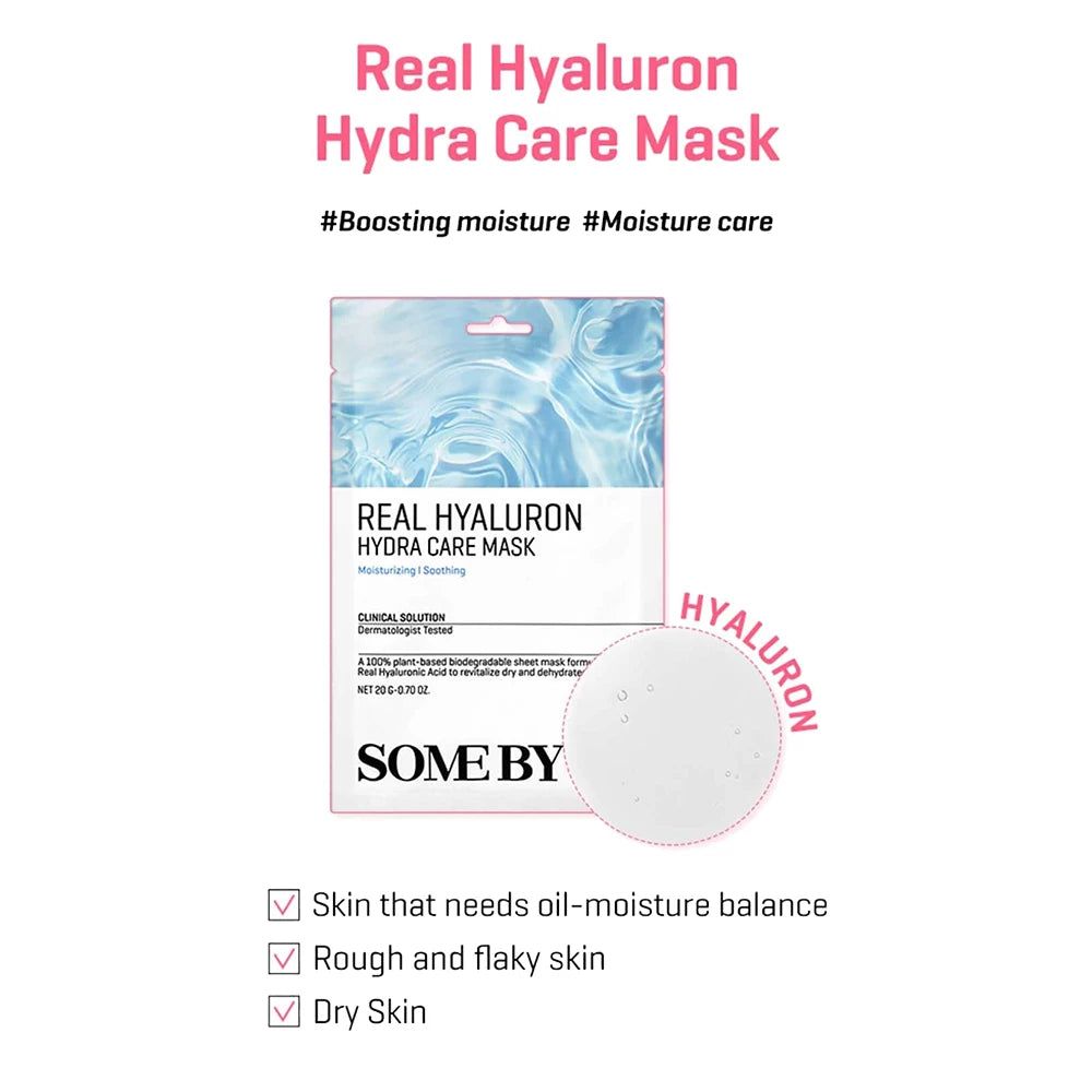 Confezione di SOMEBYMI Real Hyaluron Hydra Care Mask. Contiene una maschera e un campione rotondo. Testo: Real Hyaluron Hydra Care Mask.