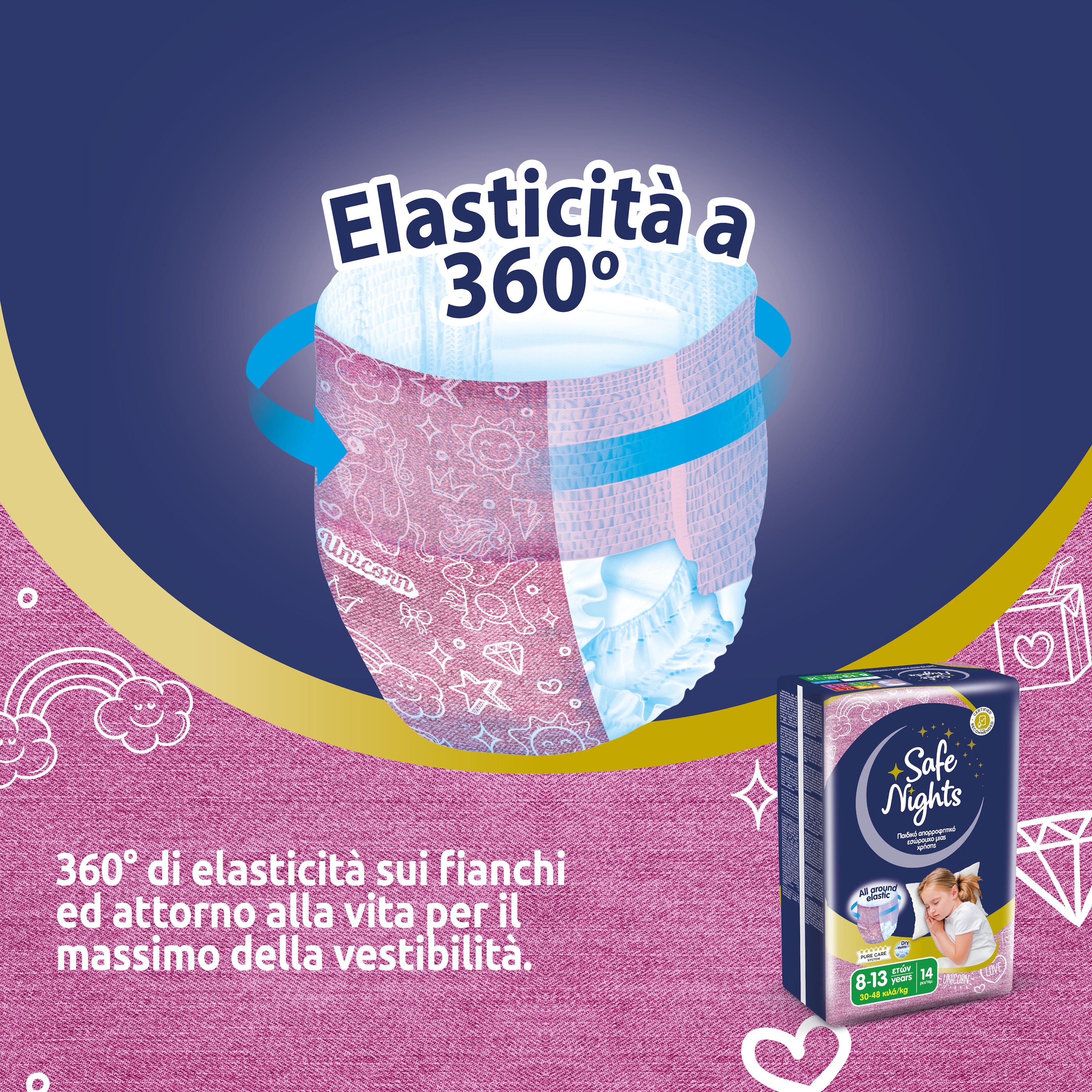 Babylino Safe Nights Girls Pants. Elasticità a 360°. Confezione con immagine del prodotto. Sfondo rosa con testo.