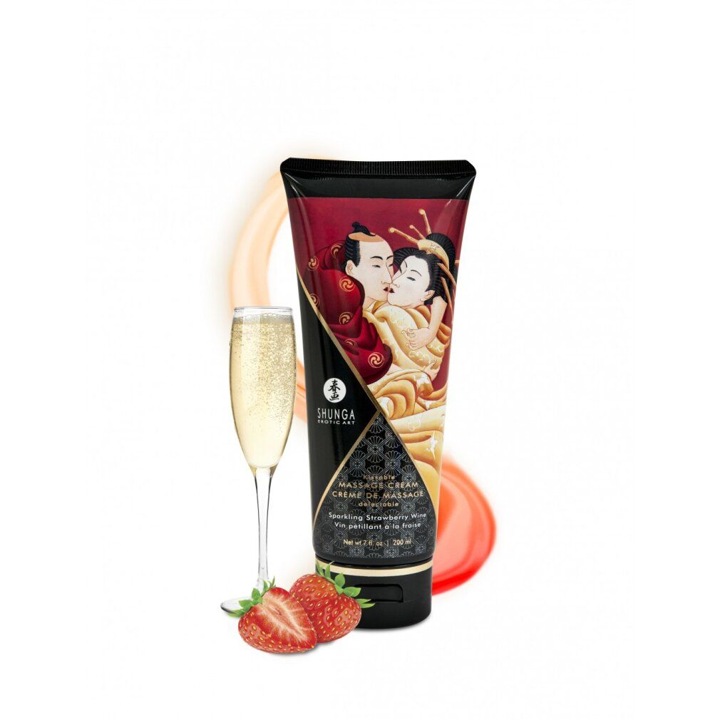 Tubo crema massaggio, bicchiere champagne, fragole. Testo: Massage Cream, Vino frizzante alla fragola. Tappo nero.