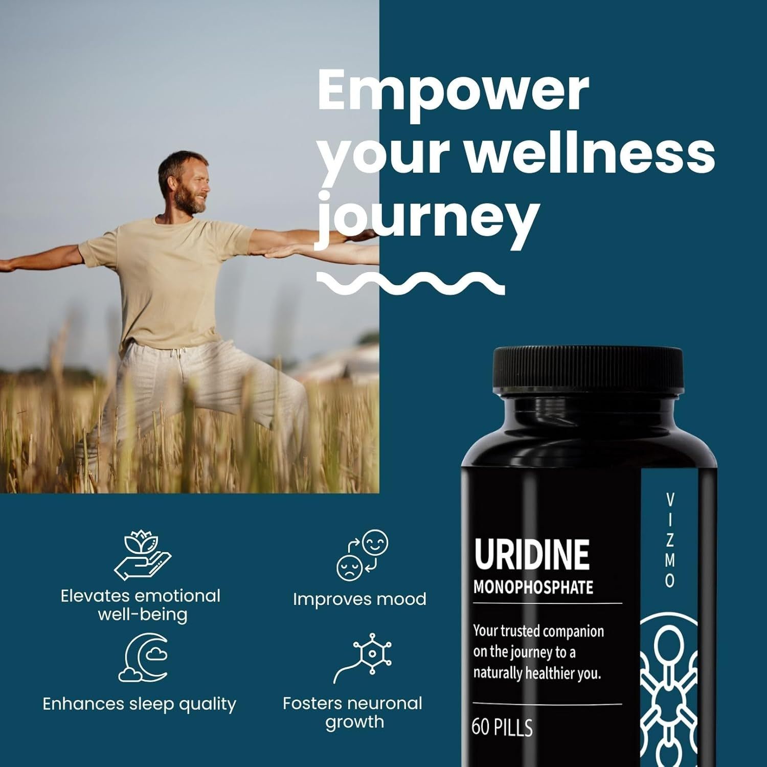Uomo in un campo, flacone di capsule. Scritta: Uridina monofosfato, 60 pillole. Vantaggi: umore, sonno, crescita neuronale.