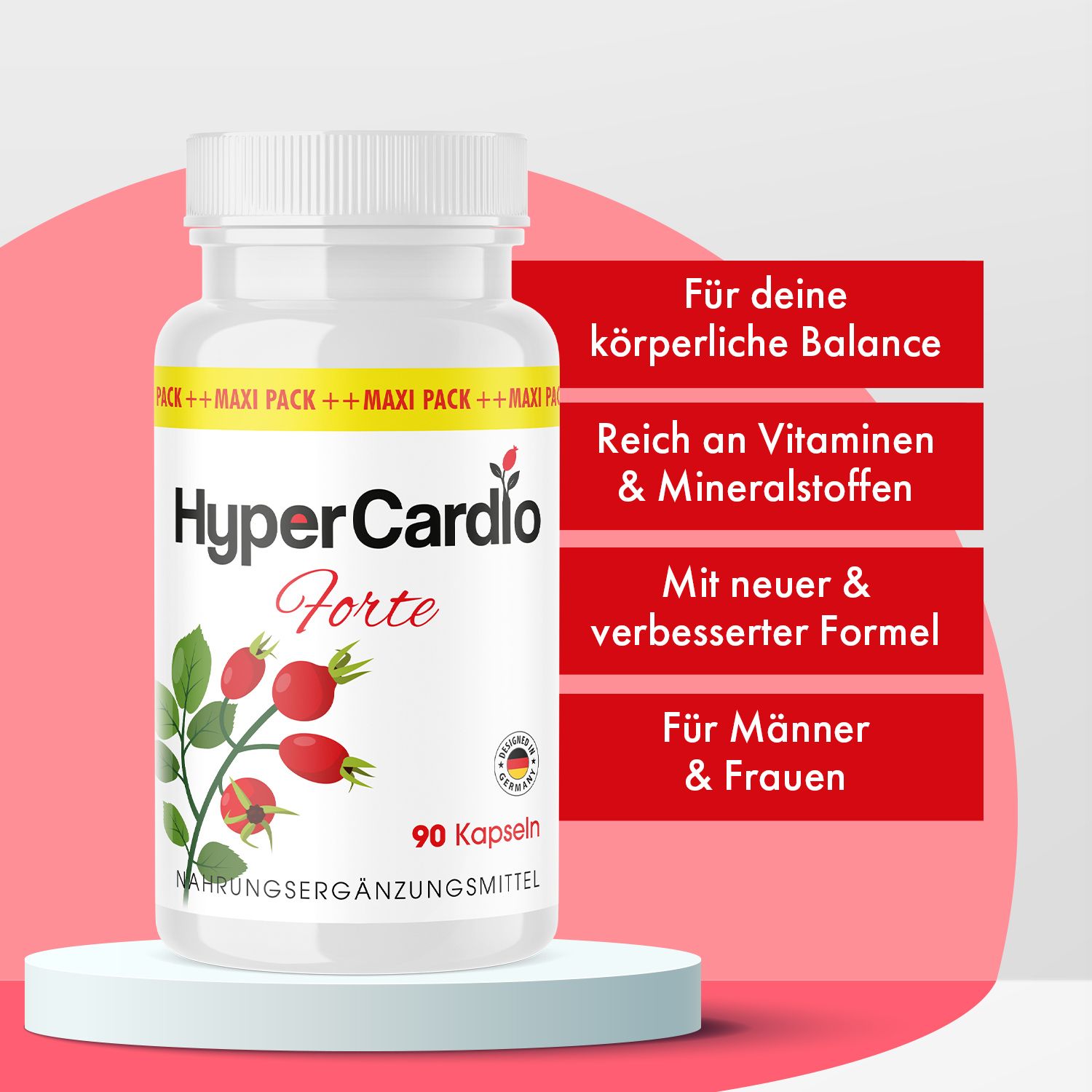 Flacone di capsule bianco su piedistallo. Testo: Per il tuo equilibrio fisico, Ricco di vitamine e minerali, Con una formula nuova e migliorata, Per uomini e donne.