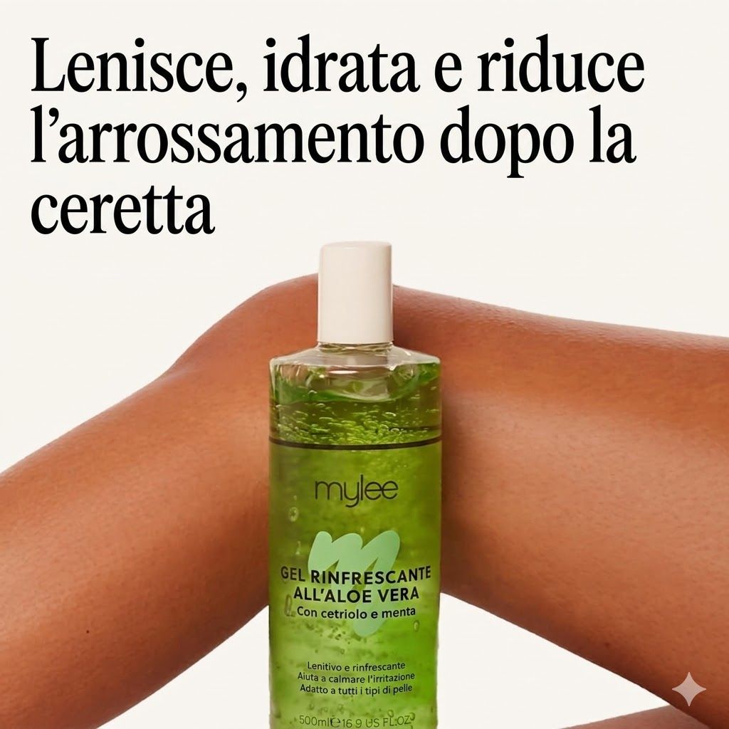 Flacone di gel all'aloe vera su una gamba. Testo: Lenisce, idrata e riduce l'arrossamento dopo la ceretta.