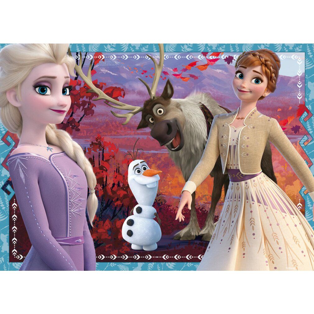 Puzzle con Elsa, Anna, Olaf e Sven di Frozen II. Sfondo: paesaggio autunnale. Cornice blu con motivo.