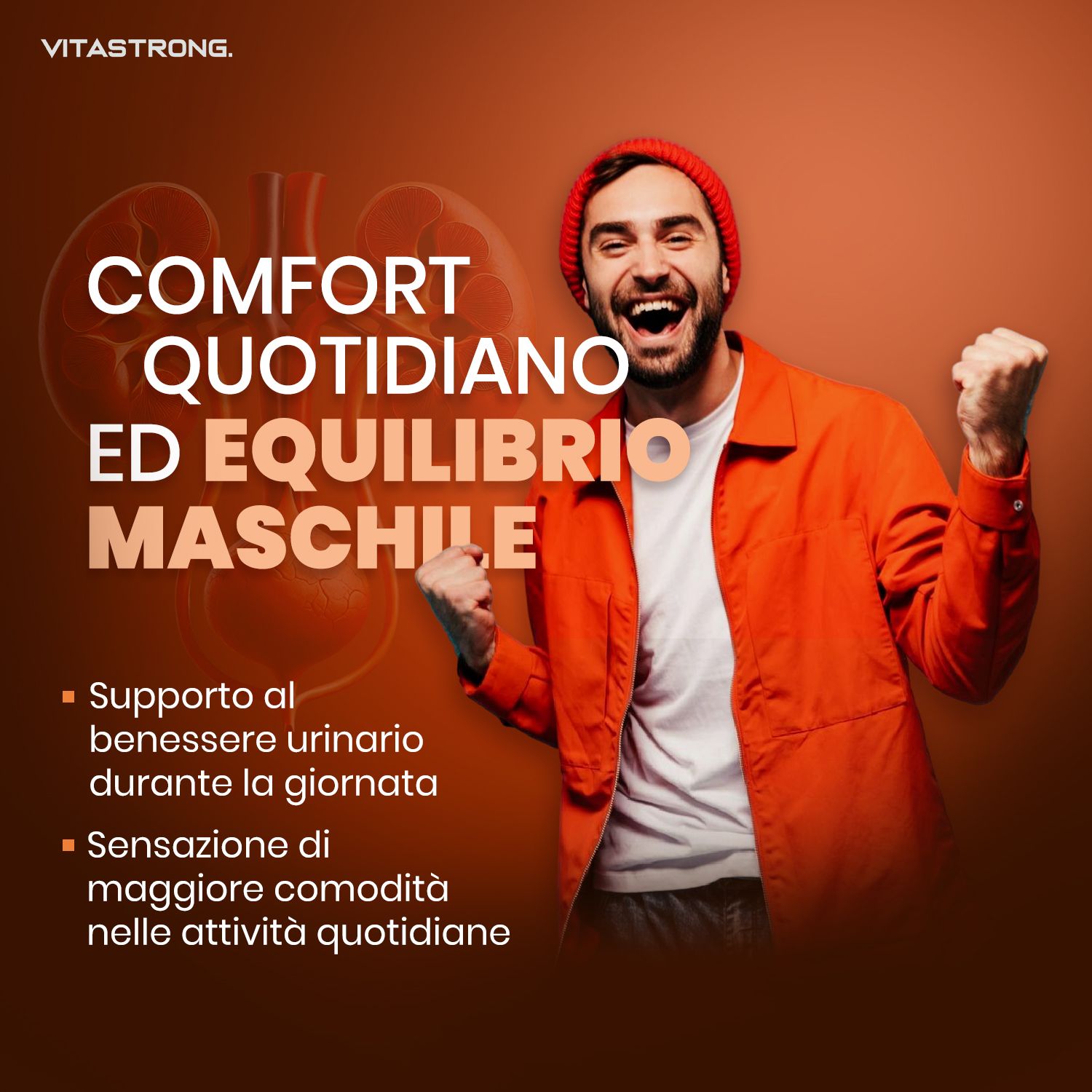 Vitastrong Prosta Pro. Uomo che esulta. Testo: Comfort quotidiano ed equilibrio maschile. Supporto urinario.