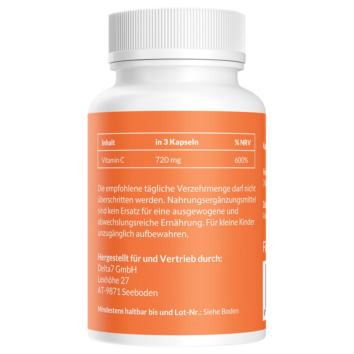 Retro di un flacone bianco di capsule di vitamina C. Testo: Vitamina C, 720 mg, % VNR, informazioni produttore.