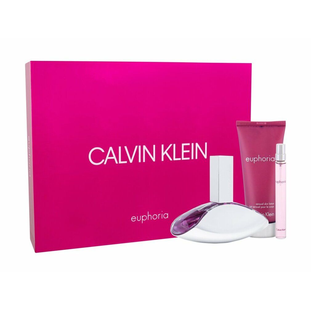 Set regalo Calvin Klein Euphoria. Include flacone, lozione corpo e miniatura. Confezione rosa, testo bianco.
