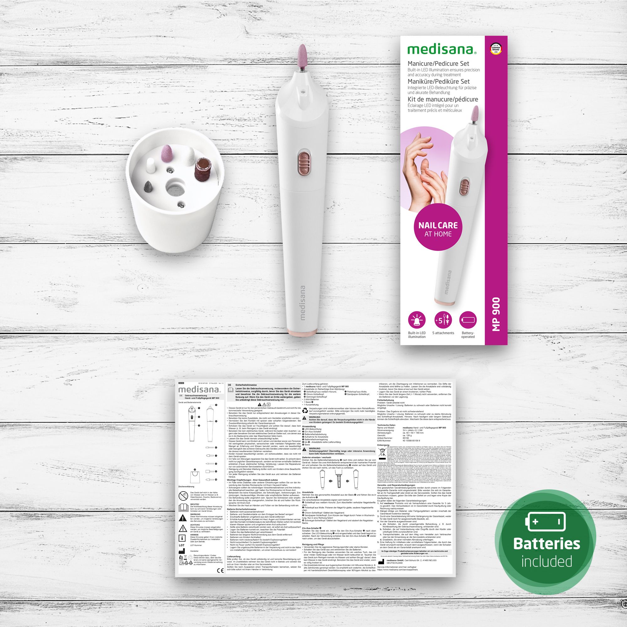 Set manicure/pedicure Medisana MP 900: confezione, istruzioni e accessori.
