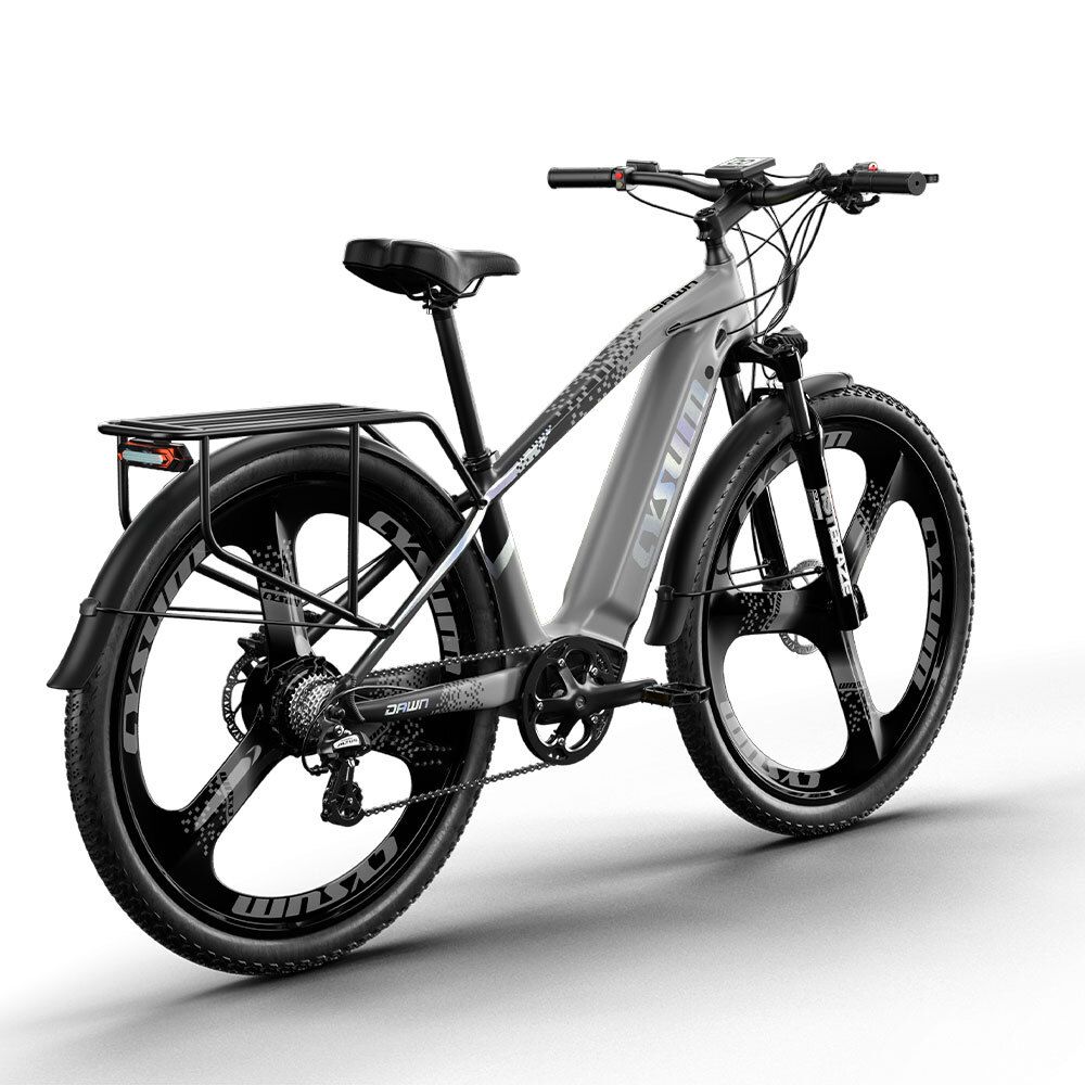 Bicicletta elettrica grigia con ruote nere. Portapacchi e logo CYSUM visibili.