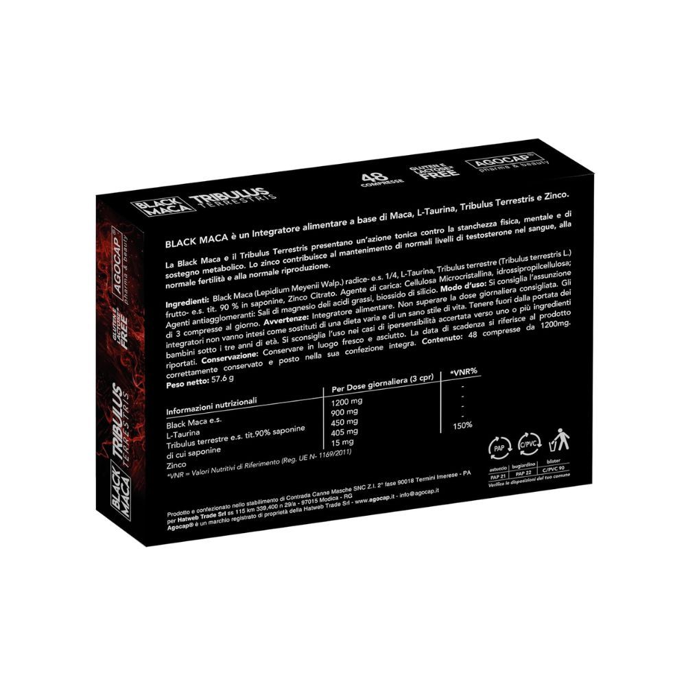 Scatola nera con testo e informazioni nutrizionali. Scritto: BLACK MACA TRIBULUS. 48 compresse da 1200mg.