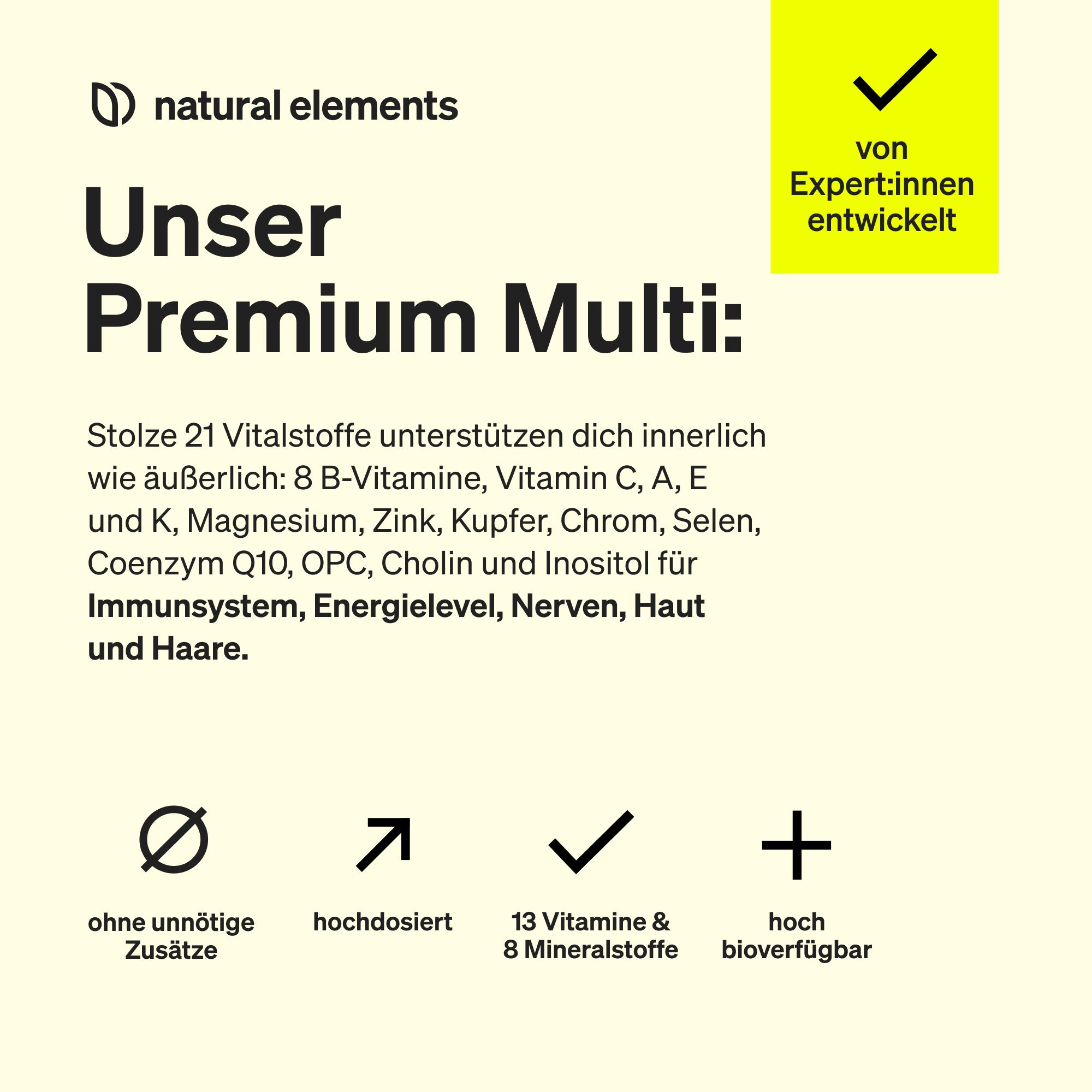 Testo con informazioni su Premium Multi. Contiene 21 nutrienti. Marchio: natural elements. Sfondo giallo.